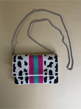 Beaded Leopard Print Crossbody Bag with Pink and Teal Stripe